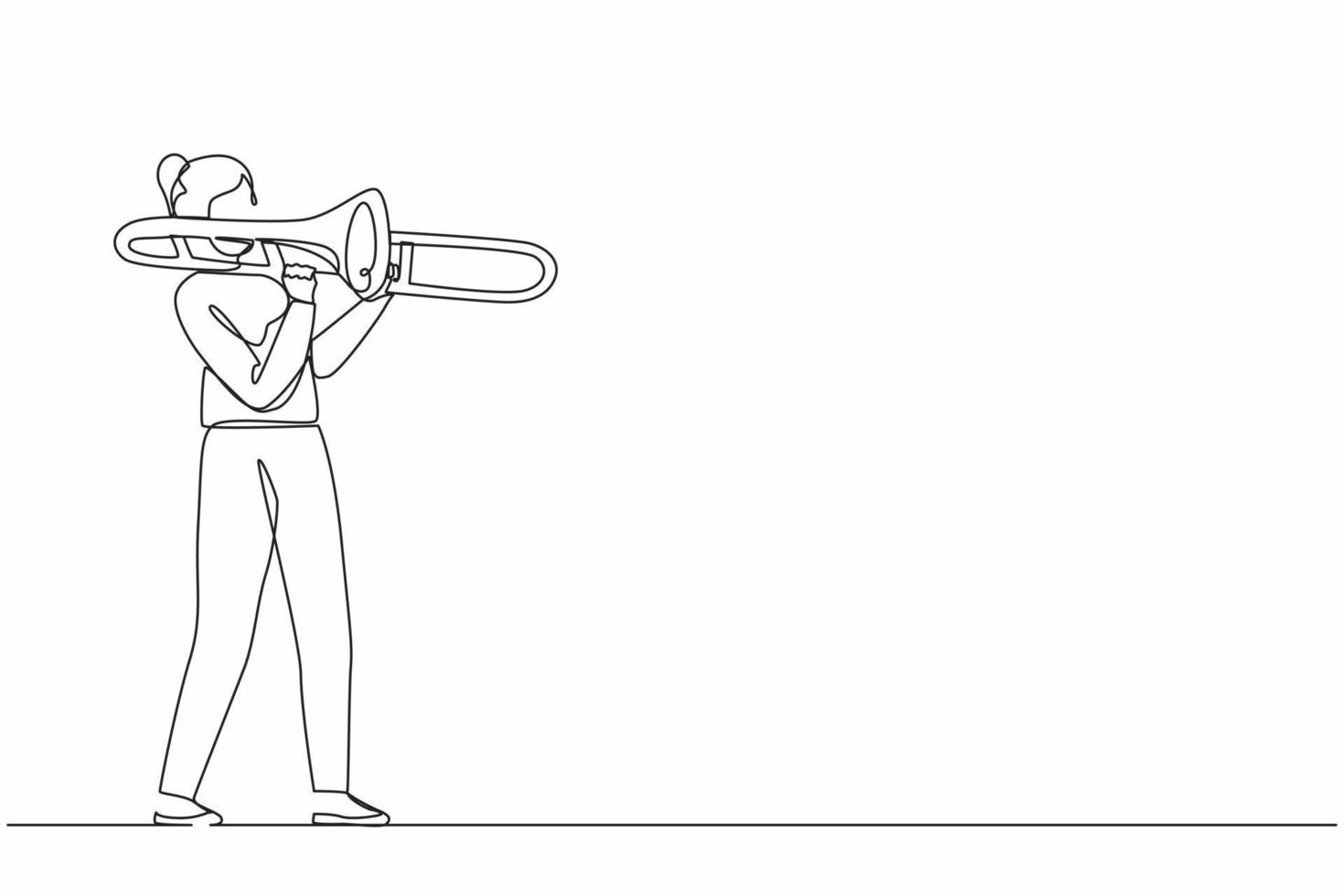 Single continuous line drawing trombone player. Female performer play wind instrument. Music artist girl. Jazz woman. Musician play trumpet. Classic music event. One line draw graphic design vector