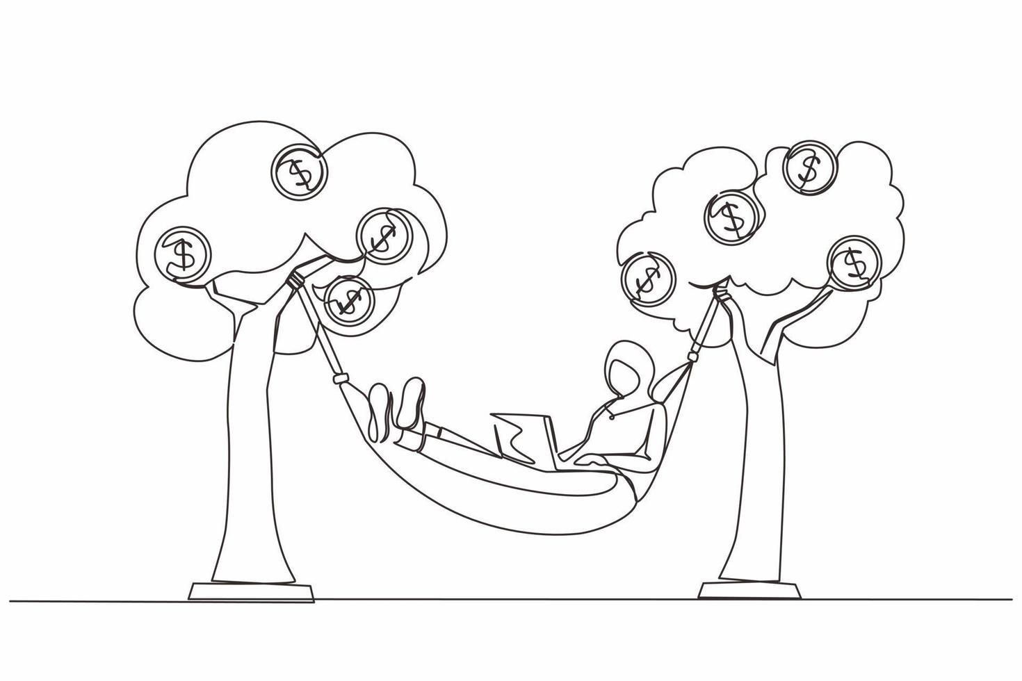 Single one line drawing happy rich Arab businesswoman typing with laptop in hammock tied on money tree with dollar coins. Make profit or dividend from investment. Continuous line design graphic vector