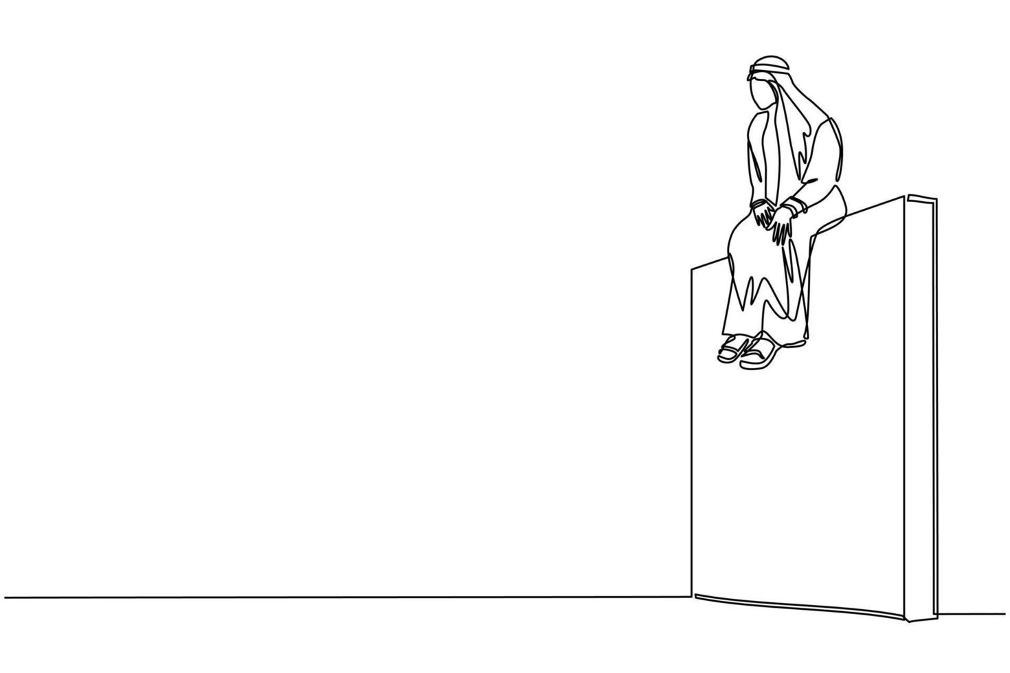 Continuous one line drawing Arab businessman sad sitting on wall thinking of profit loss, crisis and financial losses in the trading market. Evaluation business concept. Single line draw design vector