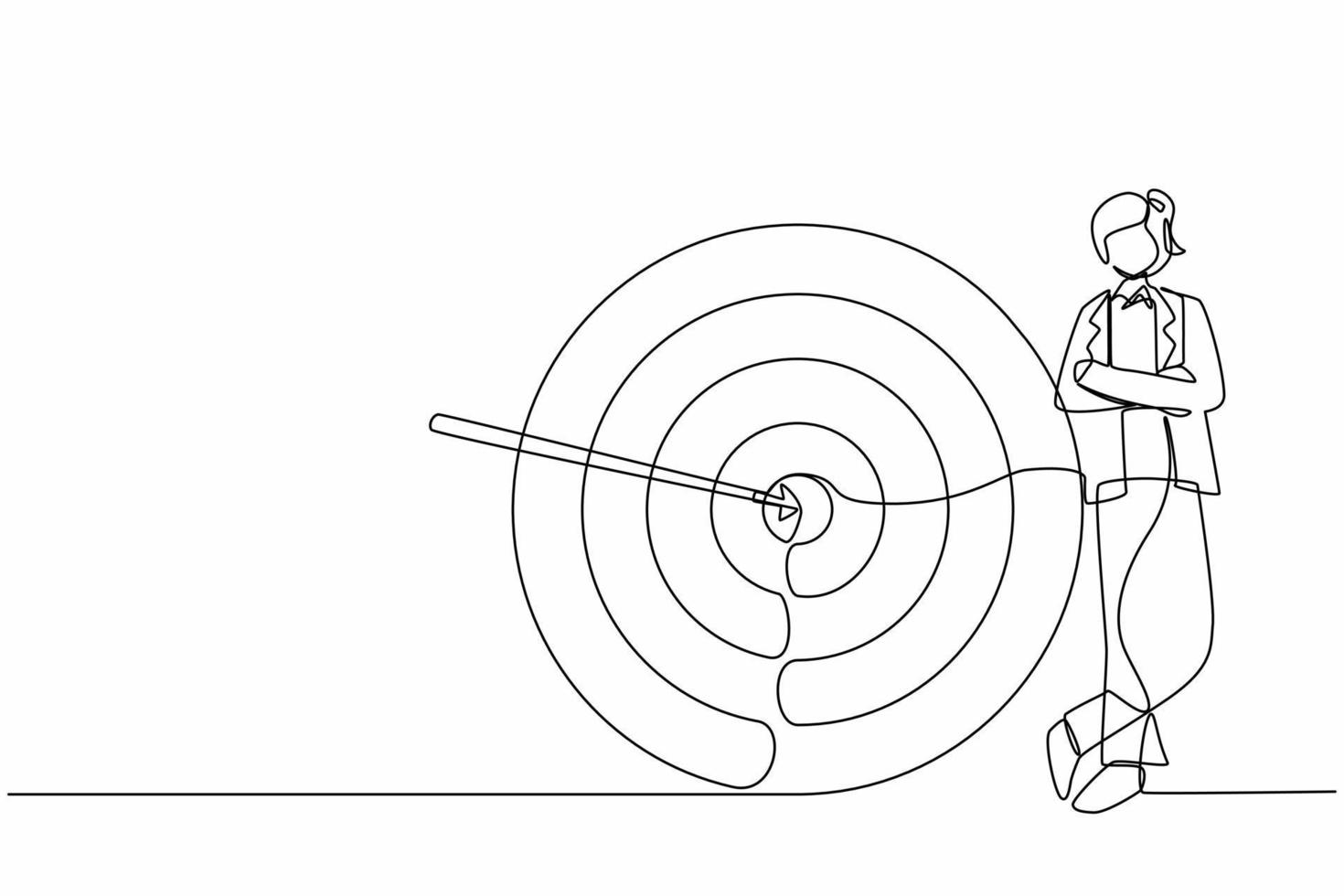 Continuous one line drawing businesswoman or manager standing next to target. Arrow hit target exactly. Successful business strategy, marketing concept. Single line design vector graphic illustration
