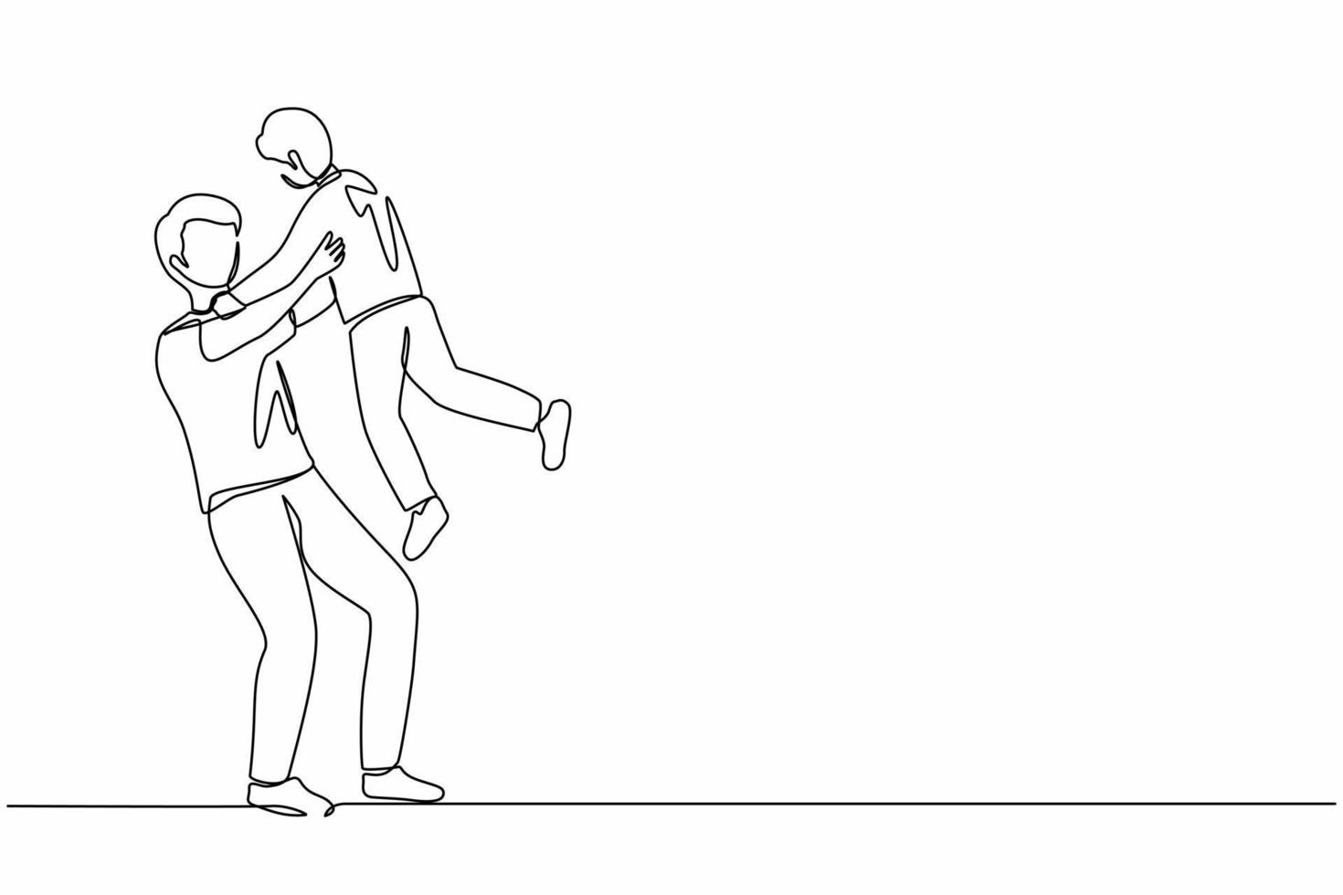 Single continuous line drawing happy father's day. Loving father carrying his little son on raised hands. Young family with dad and child playing together. One line graphic design vector illustration