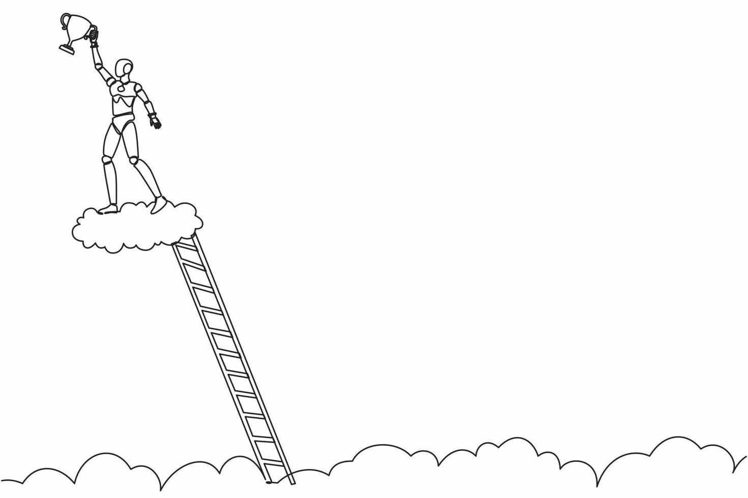 Continuous one line drawing robot climb ladder and holding trophy in cloud. Showing award celebrates his victory in sky. Humanoid robot cybernetic organism. Single line draw design vector illustration