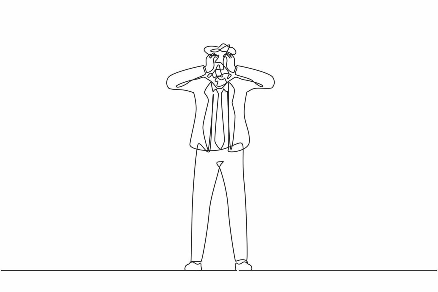 Single one line drawing businessman with round scribbles instead of a head. Confused thoughtful pensive male asking questions searching answers and trouble solution. Continuous line draw design vector