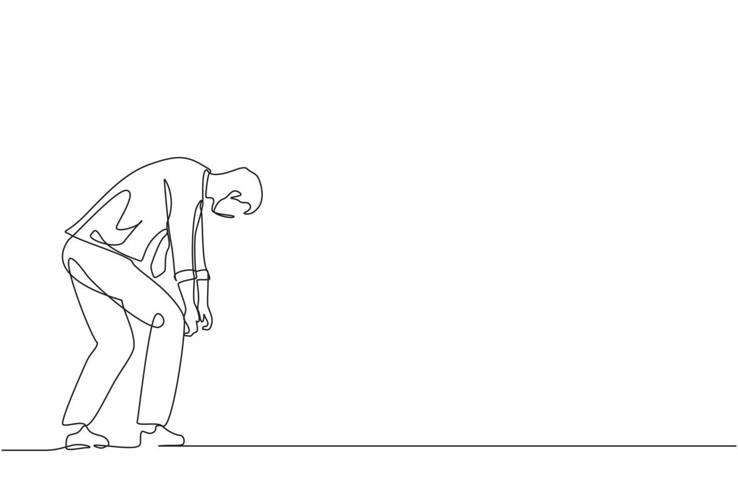 Continuous one line drawing sad businessman bowed down. Man feeling lonely and having mental pressure or stress. Bankruptcy on global economic recession, failure. Single line graphic design vector