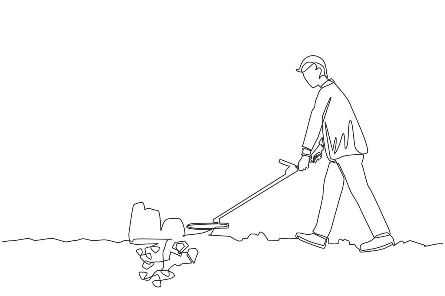 Continuous one line drawing businessman with metal detector looking for pile of diamonds. Man treasure hunter with metal detector finding precious stone. Single line draw design vector illustration