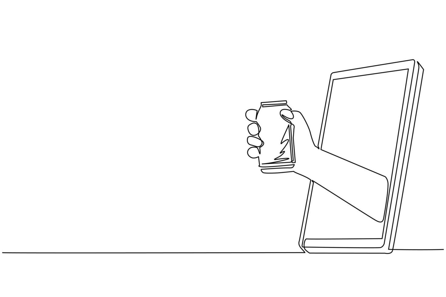 mano de dibujo continuo de una línea que sostiene la lata de refresco a través del teléfono móvil. concepto de comida en línea de entrega de pedidos de bebidas de café. aplicación para teléfonos inteligentes. ilustración gráfica de vector de diseño de línea única