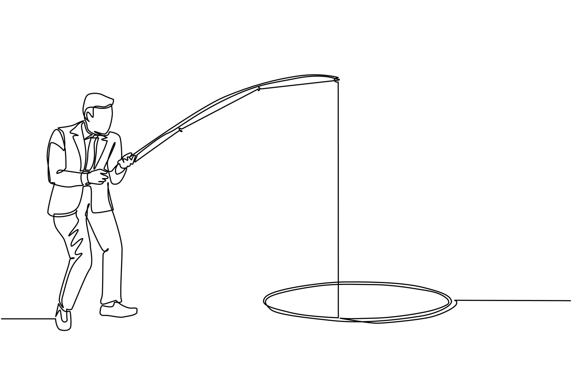 Single continuous line drawing businessman holding fishing rod