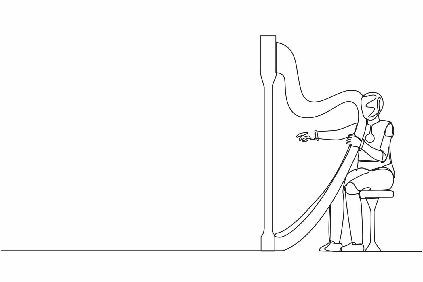 Single one line drawing robot sitting and playing harp at classic music festival. Future technology development. Artificial intelligence machine learning. Continuous line design vector illustration