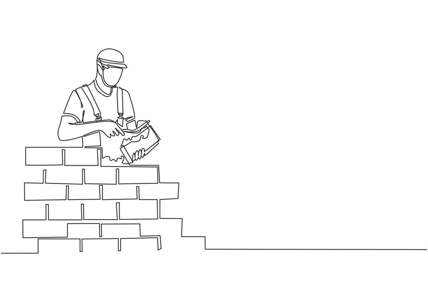 reparador de dibujo de una línea continua que construye una pared de ladrillos. trabajador de la construcción en uniforme y casco haciendo trabajo. concepto de constructor. servicios de trabajos de reparación. ilustración gráfica de vector de diseño de línea única