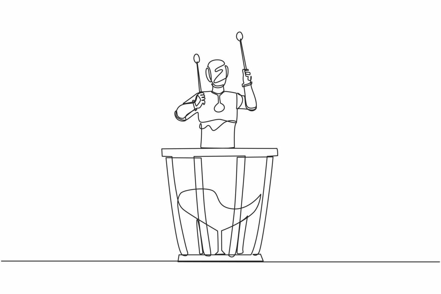 Single continuous line drawing robot percussion player holding stick and play timpani. Robotic artificial intelligence. Electronic technology industry. One line draw graphic design vector illustration