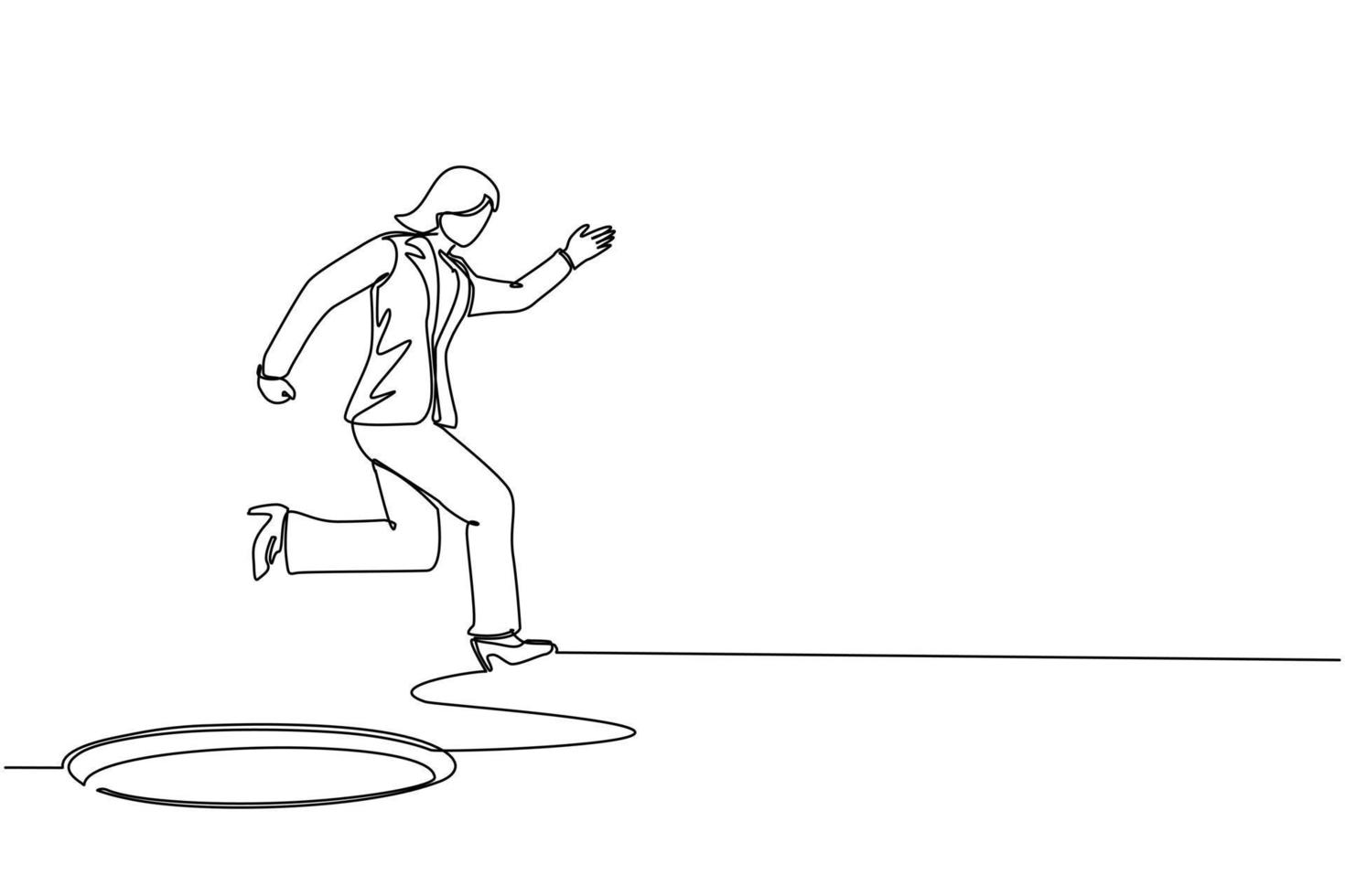 Single continuous line drawing businesswoman jumping through the hole, metaphor to facing big problem. Business struggles. Strength for success. Dynamic one line graphic design vector illustration
