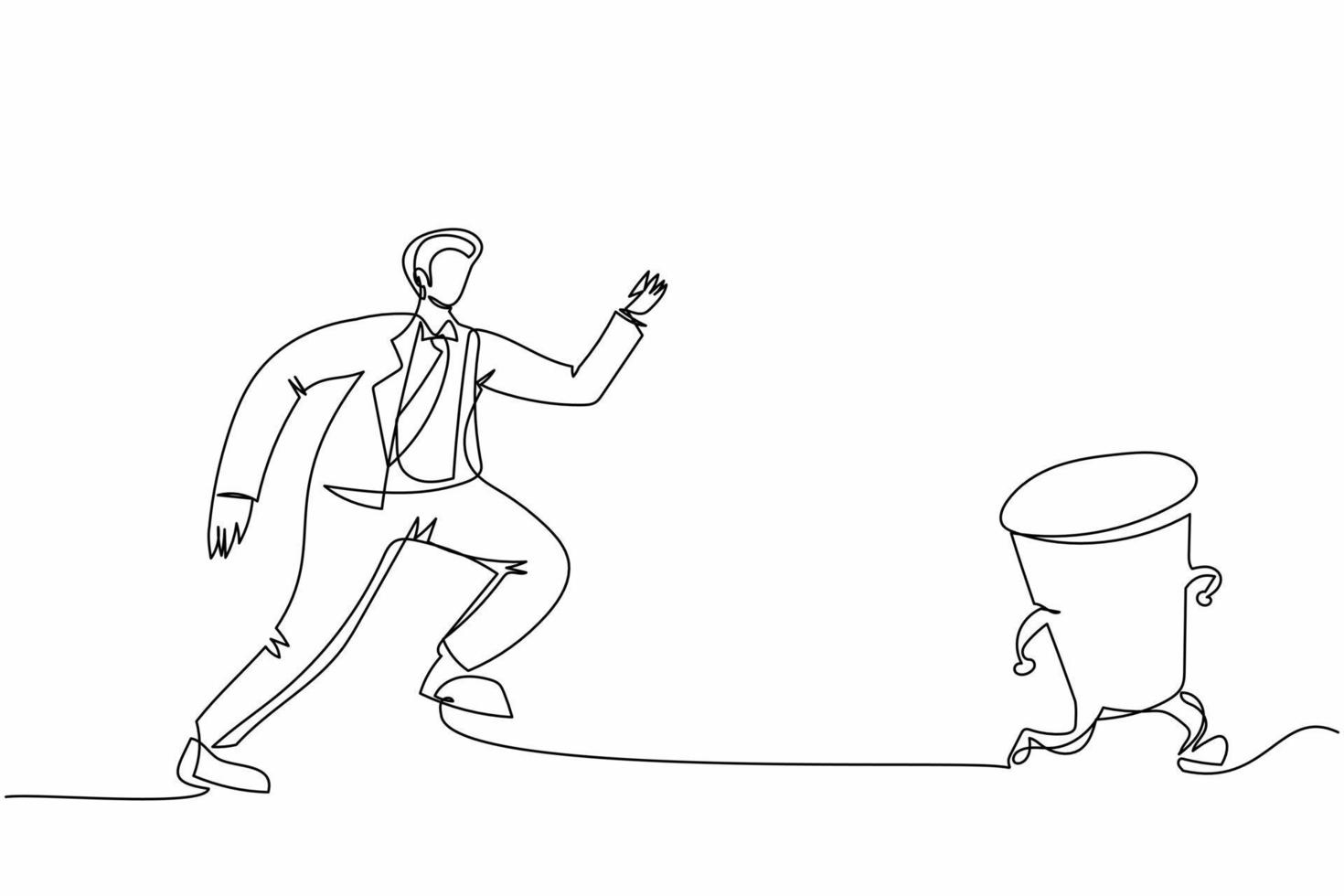 Single continuous line drawing businessman run chasing try to catch hourglass. Concept of stress, angry, burnout, deadlines, depression. Business metaphor. One line graphic design vector illustration