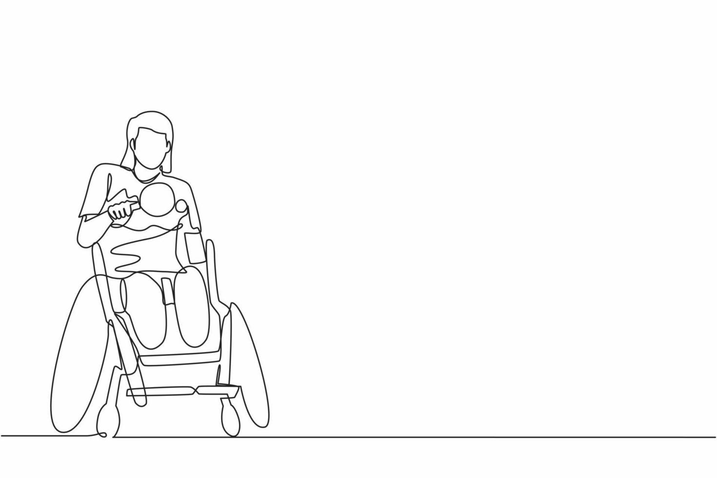 Single continuous line drawing  sportswoman in wheelchair playing table tennis. Disability games championship. Hobbies and interests of people with disabilities. One line graphic design vector