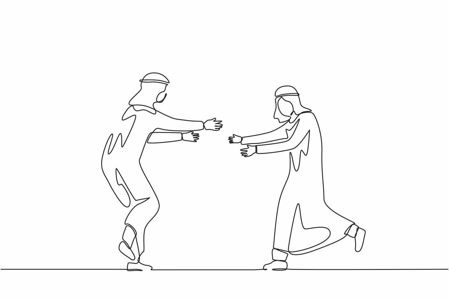 Single continuous line drawing two happy Arabian guys run to meet each other. Males embracing and laughing. Meeting of friends. Male friendship meet. One line draw graphic design vector illustration