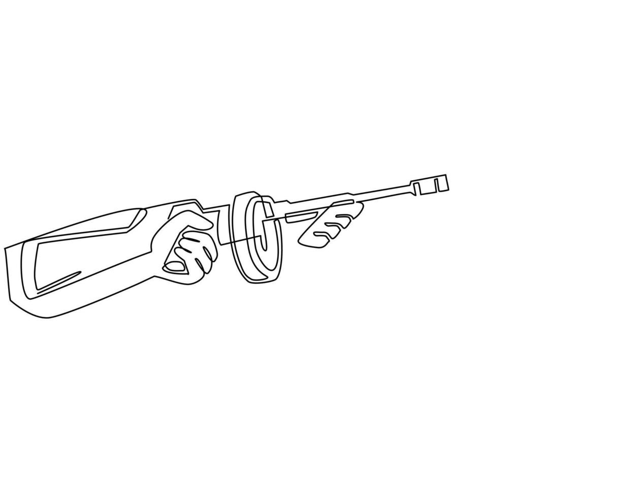 Continuous one line drawing hand holding tommy gun. Thompson submachine gun weapon. Mafia or gangster submachine gun. Emblem icon for e-sport team. Single line draw design vector graphic illustration