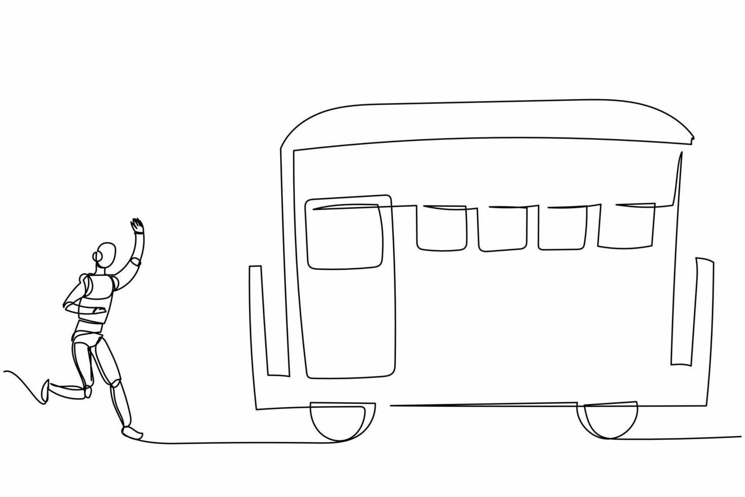 Continuous one line drawing robot run chasing train. Transport system in railway station. Humanoid robot cybernetic organism. Future robotic development. Single line graphic design vector illustration