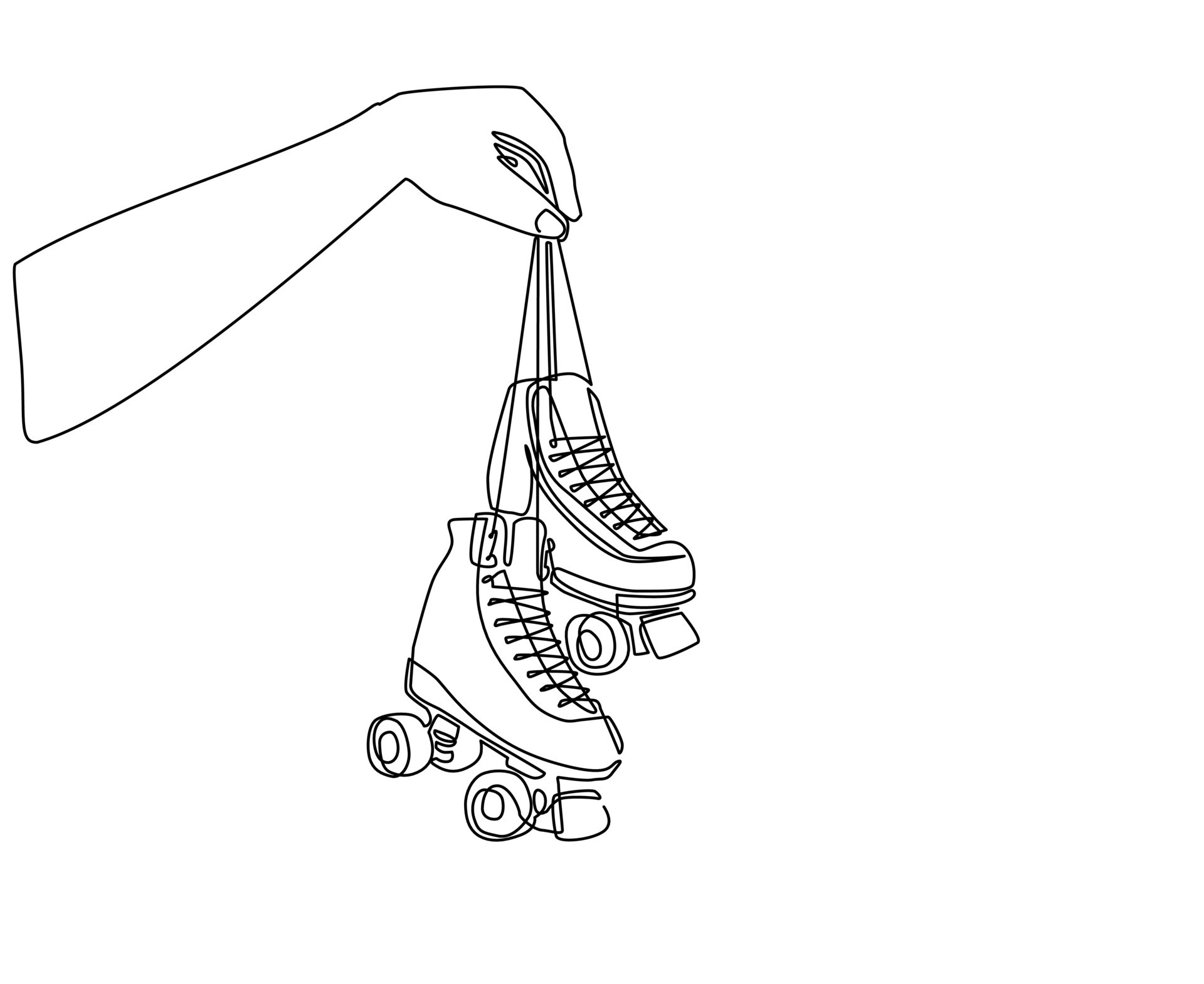 Single one line drawing player hand holds roller skate. Man hand