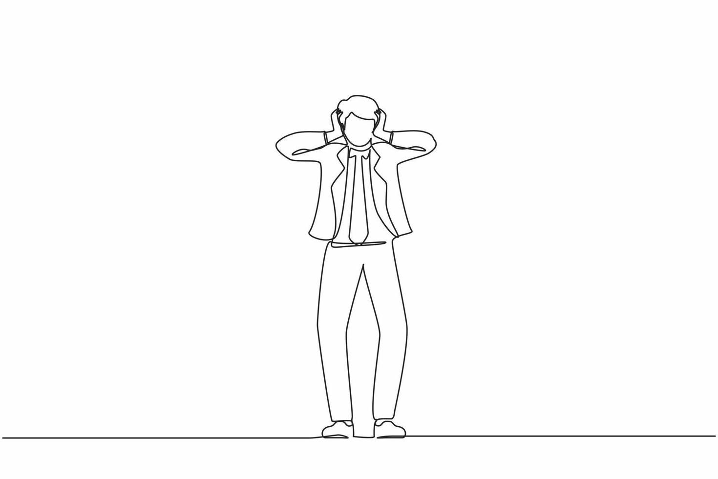 Continuous one line drawing stressed businessman with headache, hands on his head, migraine, health problems and pain head, emotion, stress work, tired, suffer. Single line design vector illustration