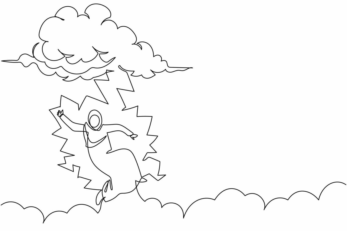 Single continuous line drawing Arab businesswoman struck by lightning or thunder from cloud. Feel bad luck in office. Misery, disaster, risk, danger. One line draw graphic design vector illustration