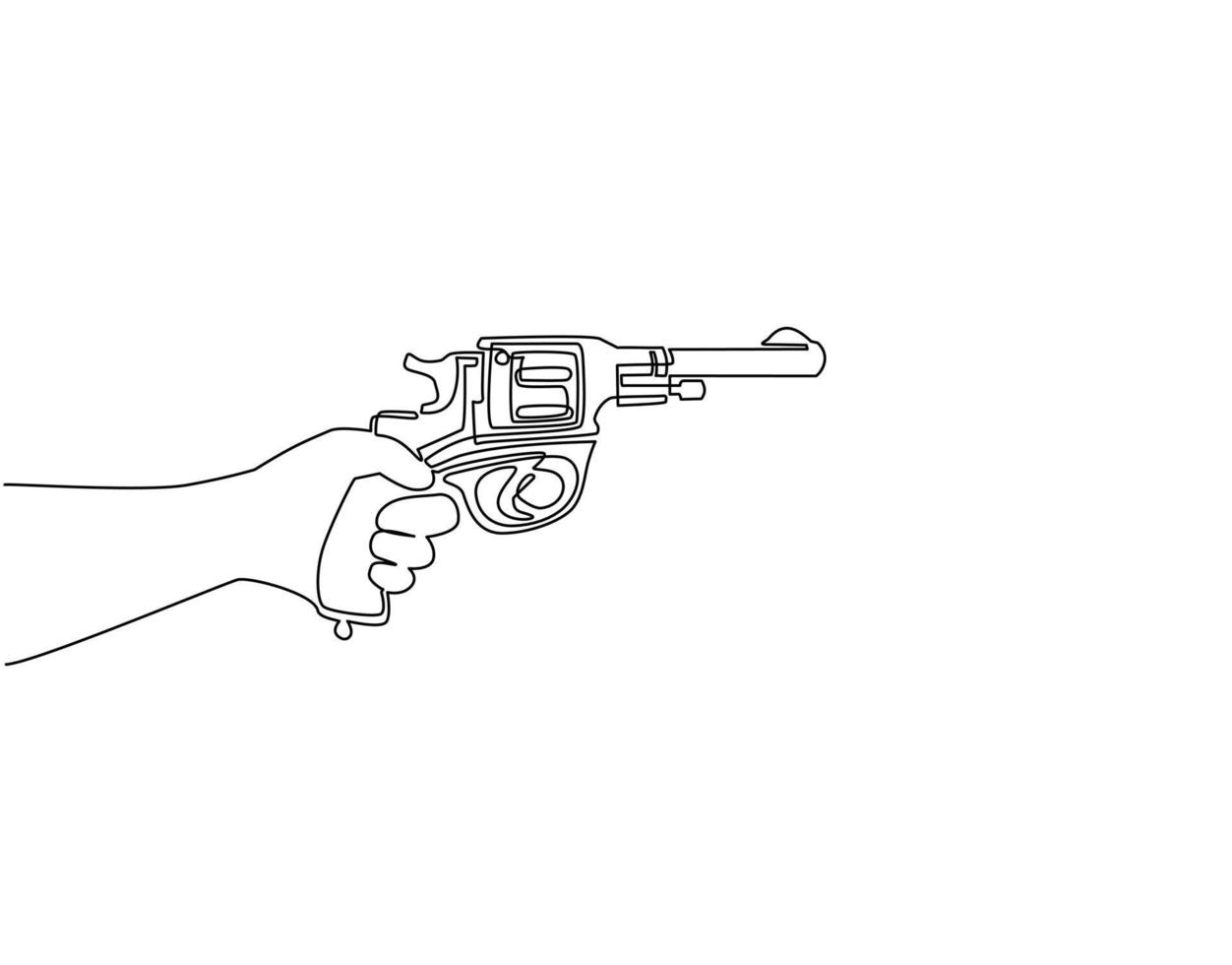 Continuous one line drawing hand holding revolver gun. Gun revolver handgun six shooter pistol drawing in vintage retro woodcut etched or engraved style. Single line draw design vector illustration