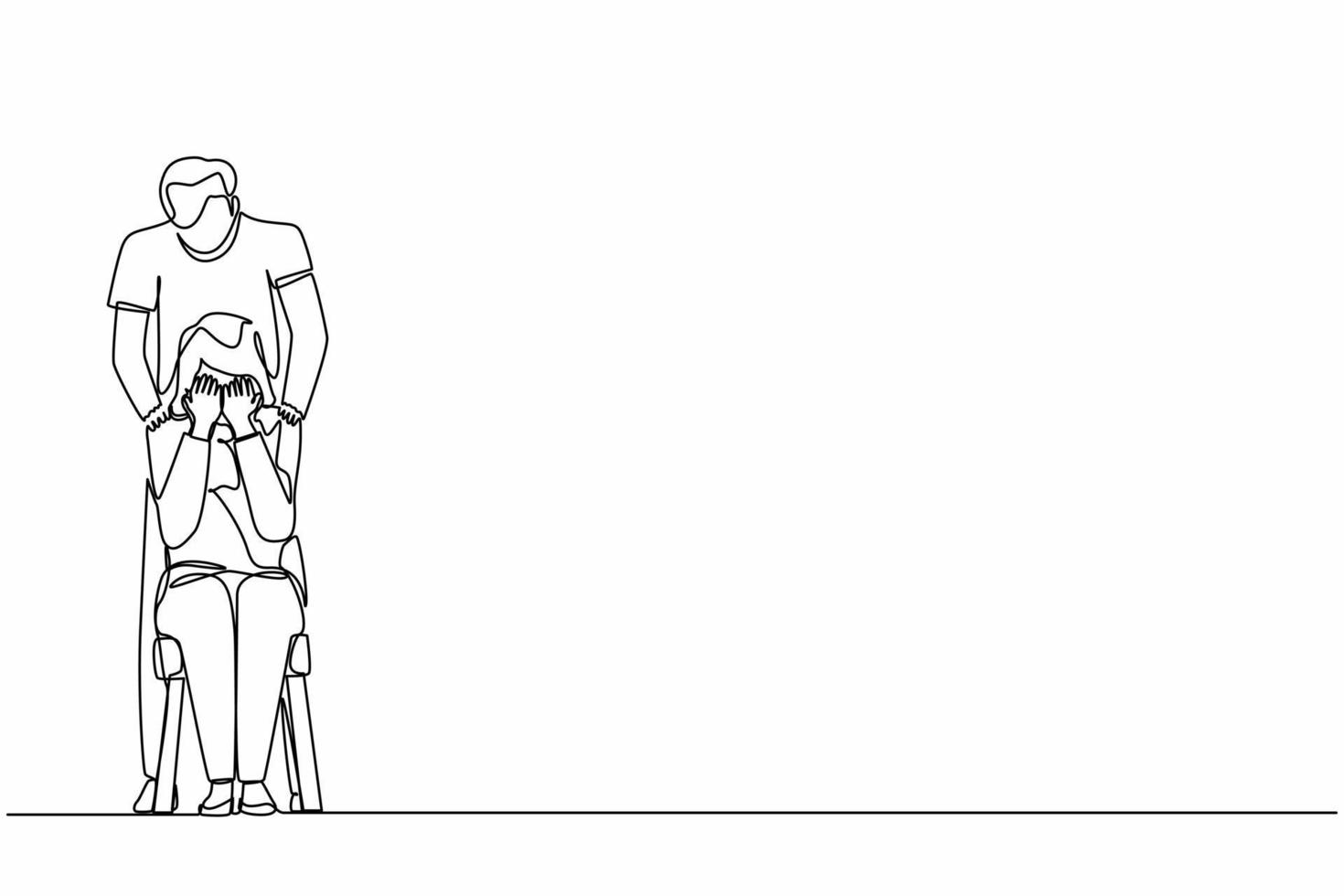 Single one line drawing man comforting crying woman and touching her shoulders. Female suffering from anxiety, loneliness, trying to cope with depression or loss. Continuous line graphic design vector