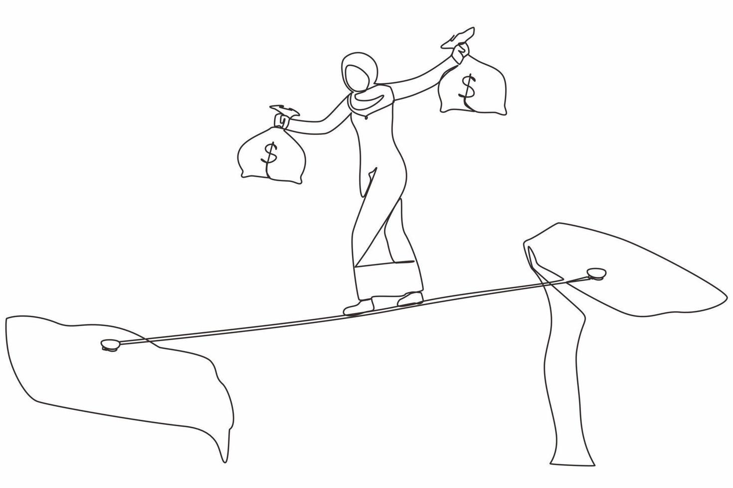 Continuous one line drawing Arab businesswoman walk over cliff gap mountain carry two money bag risking dangerous. Female walking balance on rope bridge. Single line design vector graphic illustration