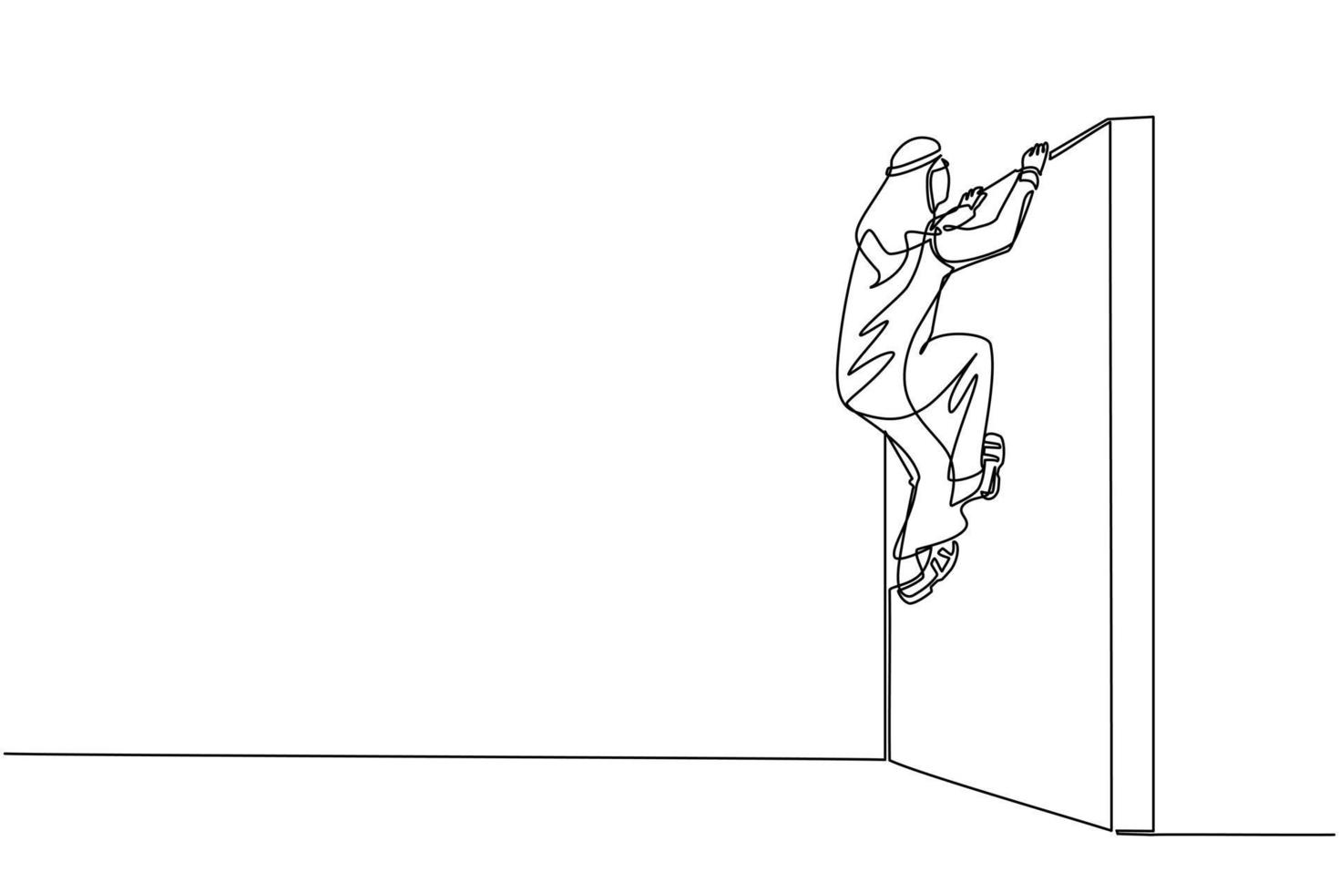 Single one line drawing Arab businessman climb the obstacle wall, solve the problem. Business concept, team metaphor. Successful leader businessman. Continuous line design graphic vector illustration