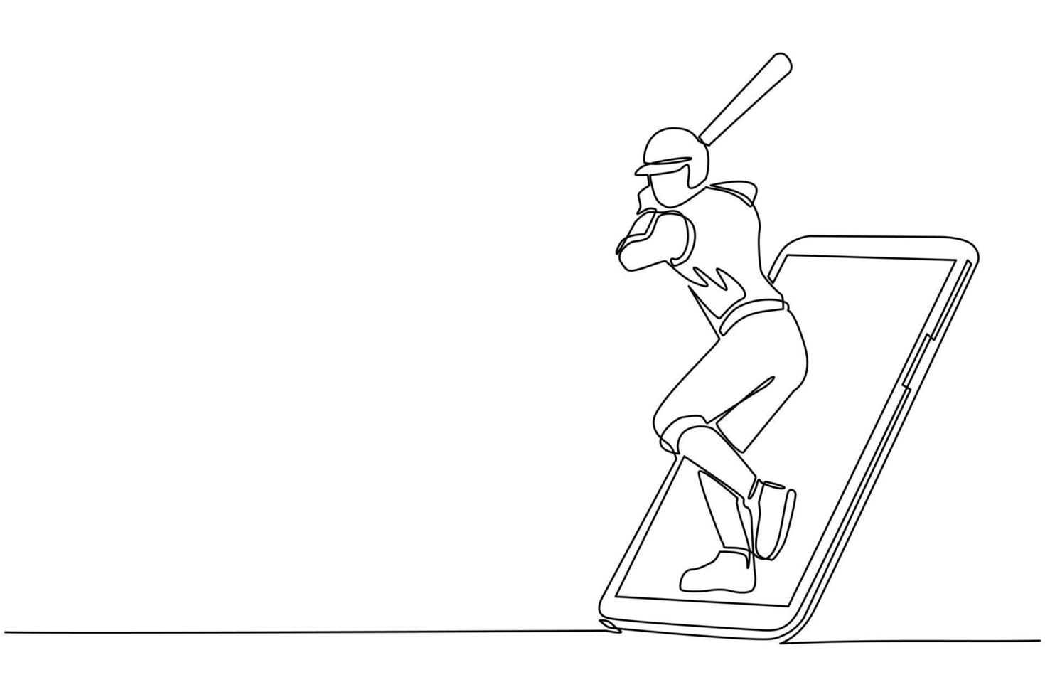 jugador de béisbol de dibujo continuo de una línea listo para golpear la pelota saliendo de la pantalla del teléfono inteligente. Partidos deportivos móviles. aplicación móvil de juego de béisbol en línea. vector de diseño de dibujo de una sola línea