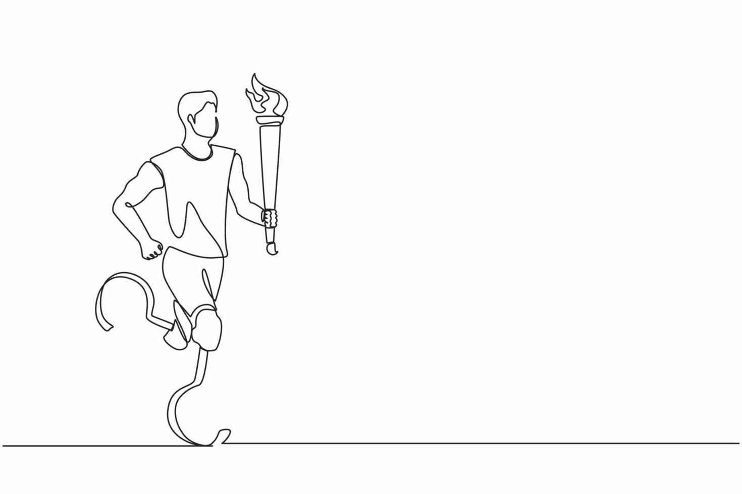 Single one line drawing faceless disabled young male or sportsman holding flaming torch in running pose. Disabled sport, success, disability games, championship. Continuous line design graphic vector