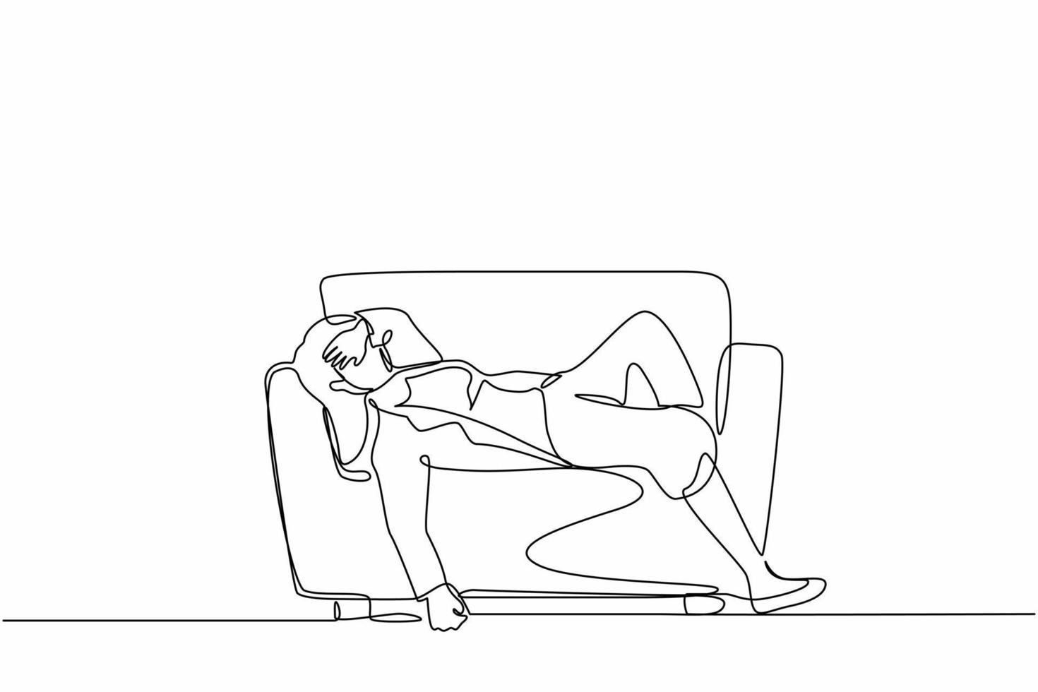 Continuous one line drawing unhappy businessman sad tired sleepy mood resting on sofa. Frustrated worker holding her head lying on couch. Stressed, anxiety, failure. Single line graphic design vector