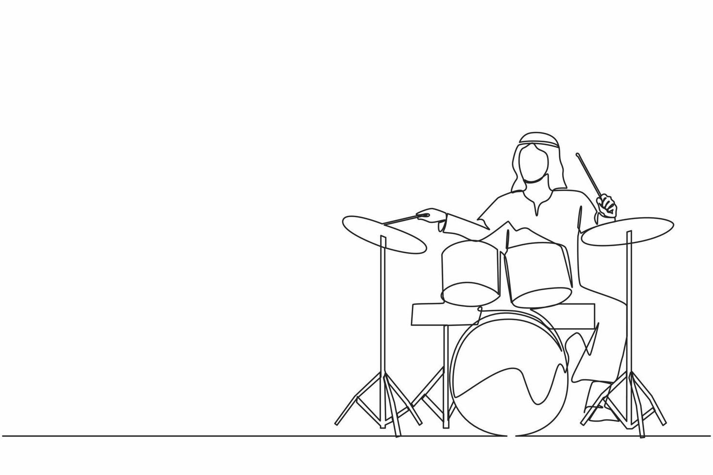 Single one line drawing Arab male musician, jazz, rock and roll playing drum instruments, percussion. Music festival, pop concert, wedding party performance. Continuous line draw design graphic vector