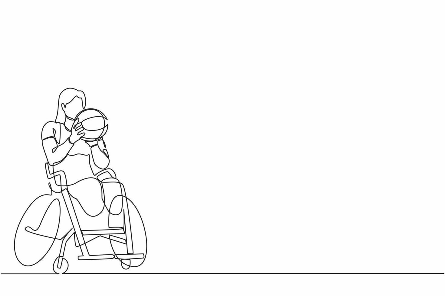 Continuous one line drawing athlete in wheelchair play basketball.  woman training for tournament game, sport for invalid person. Accessibility and diversity. Single line graphic design vector