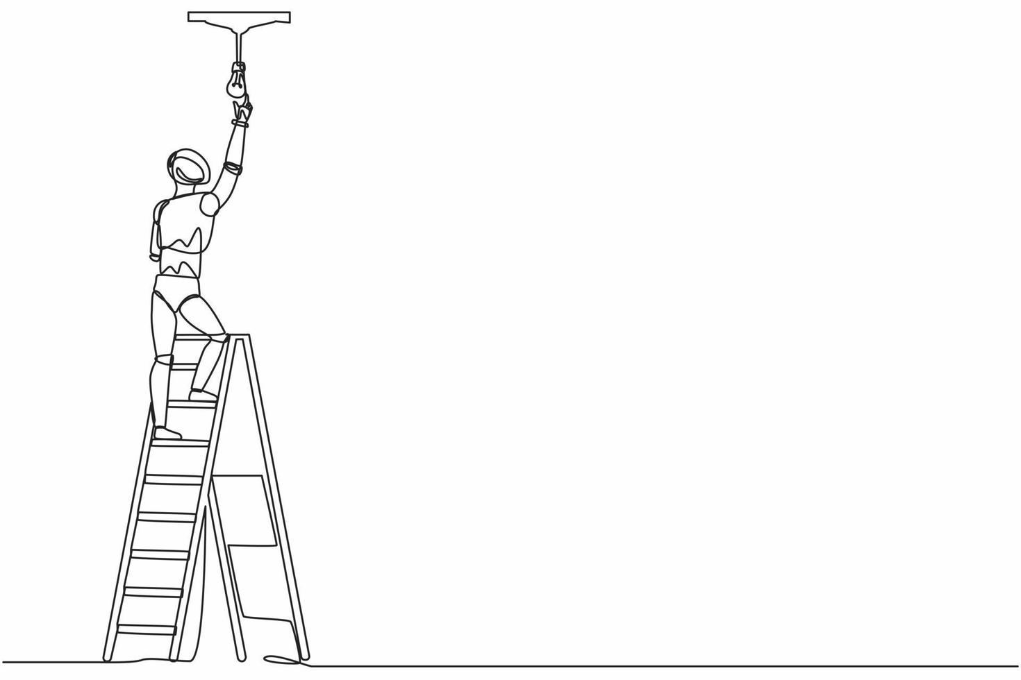 Single one line drawing robot worker electrician on ladder change light bulb. Future technology development. Artificial intelligence machine learning. Continuous line draw design vector illustration