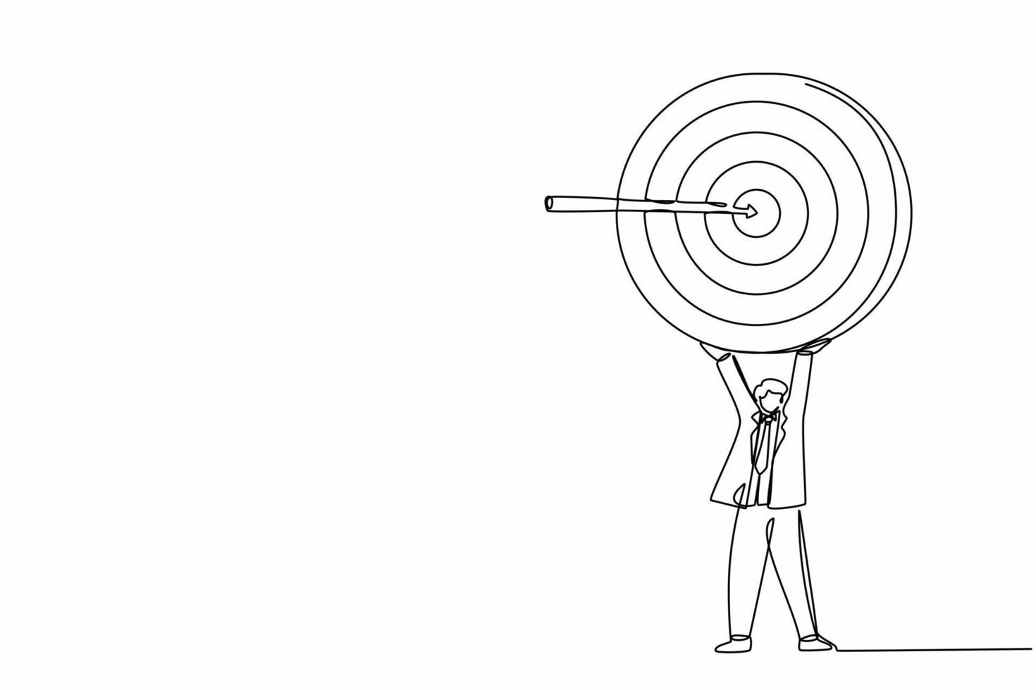 Single continuous line drawing businessman holding up big target with arrow. Young smart male employee with aim symbol of having success idea. Dynamic one line draw graphic design vector illustration