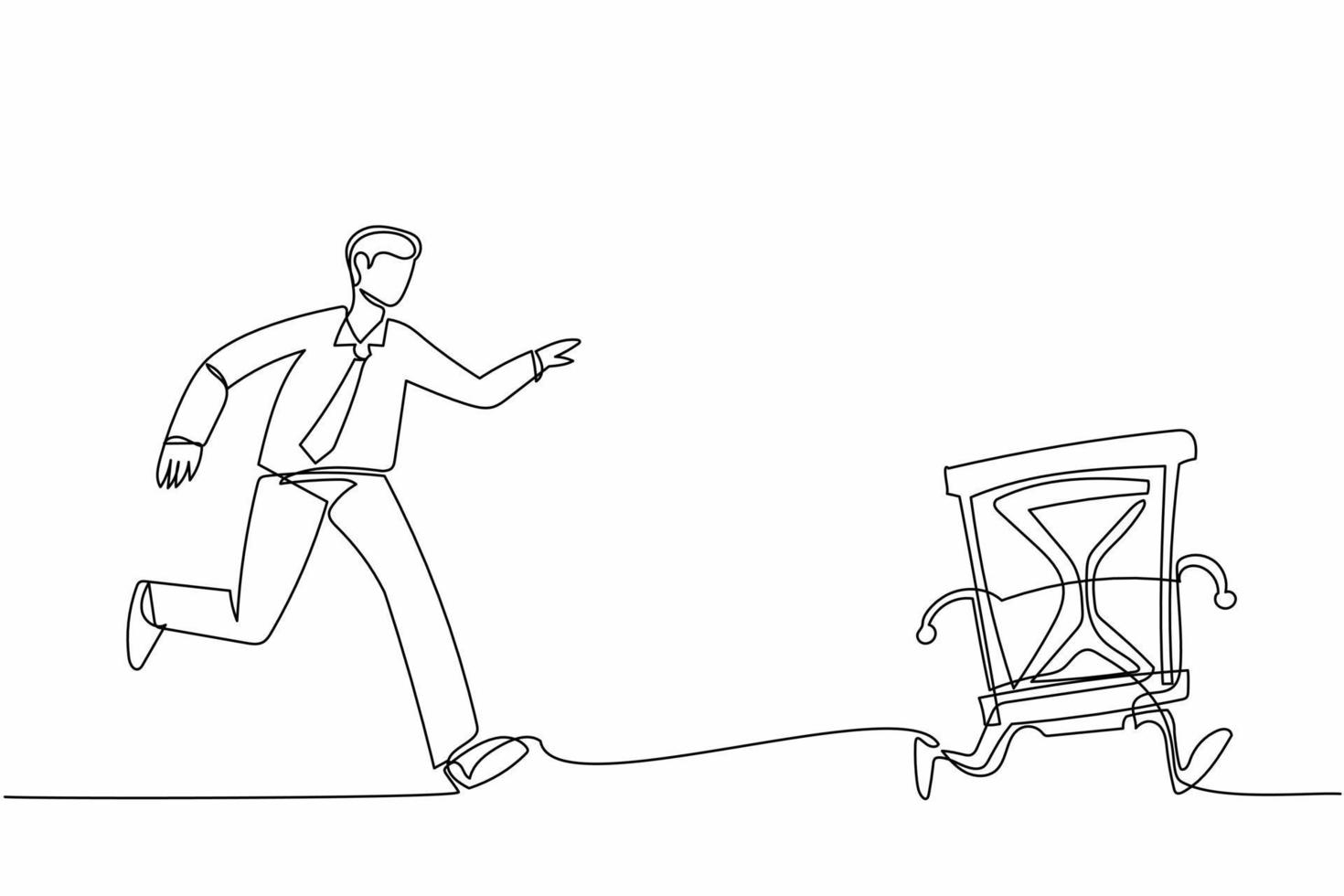 Single continuous line drawing businessman run chasing try to catch hourglass. Concept of stress, angry, burnout, deadlines, depression. Business metaphor. One line graphic design vector illustration