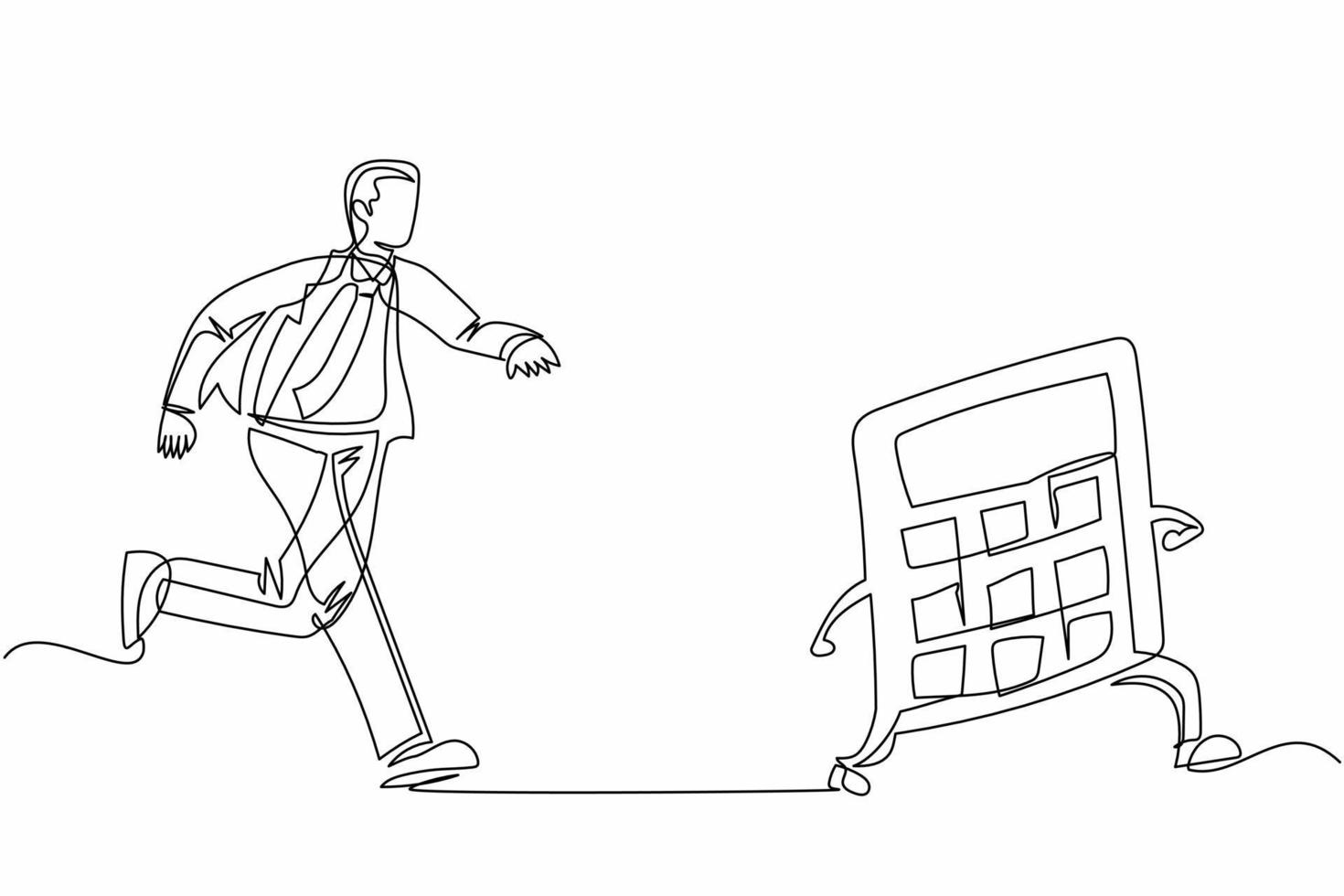 Continuous one line drawing businessman chasing calculator. Math operations, budget, analytics, data, income, finance. Calculations and economy. Single line draw design vector graphic illustration