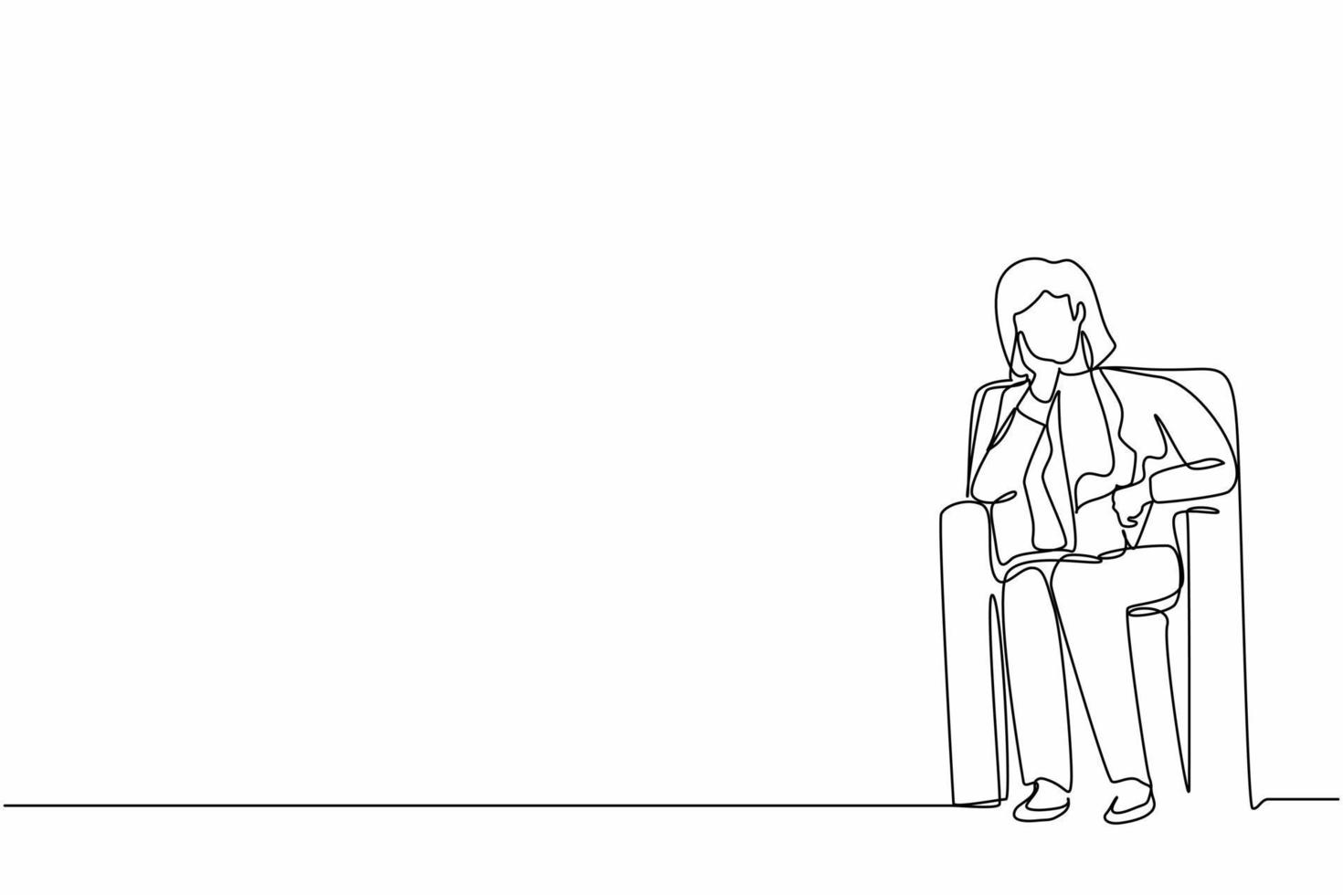 Single continuous line drawing businesswoman sitting at sofa, feeling stressed, alone. Anxious worker sit on couch, crying, feel frustrated, depressed, suffer. One line draw design vector illustration