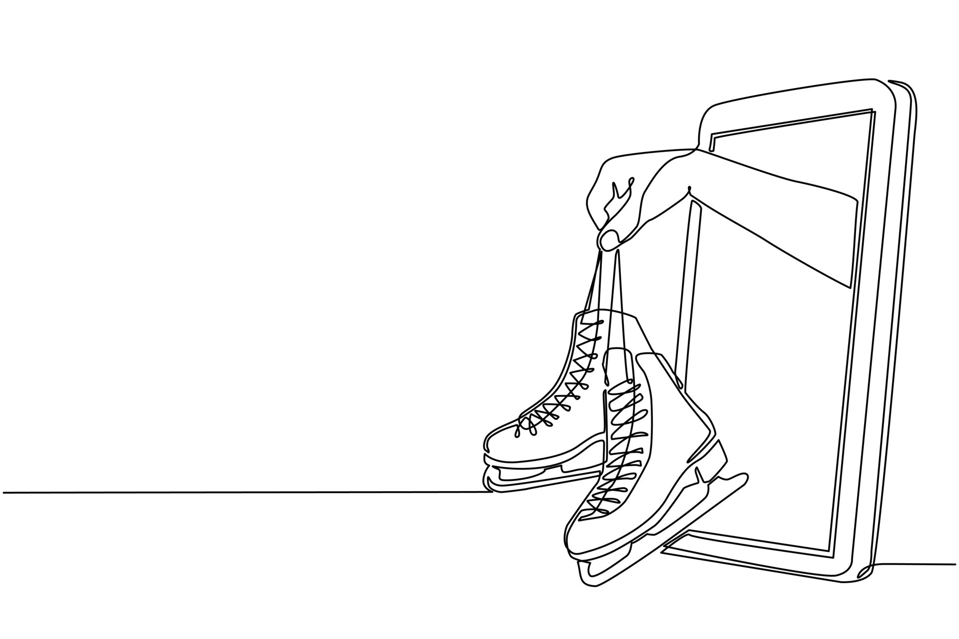 Continuous one line drawing player hand holds ice skates through mobile phone. Smartphone with ice skating games app