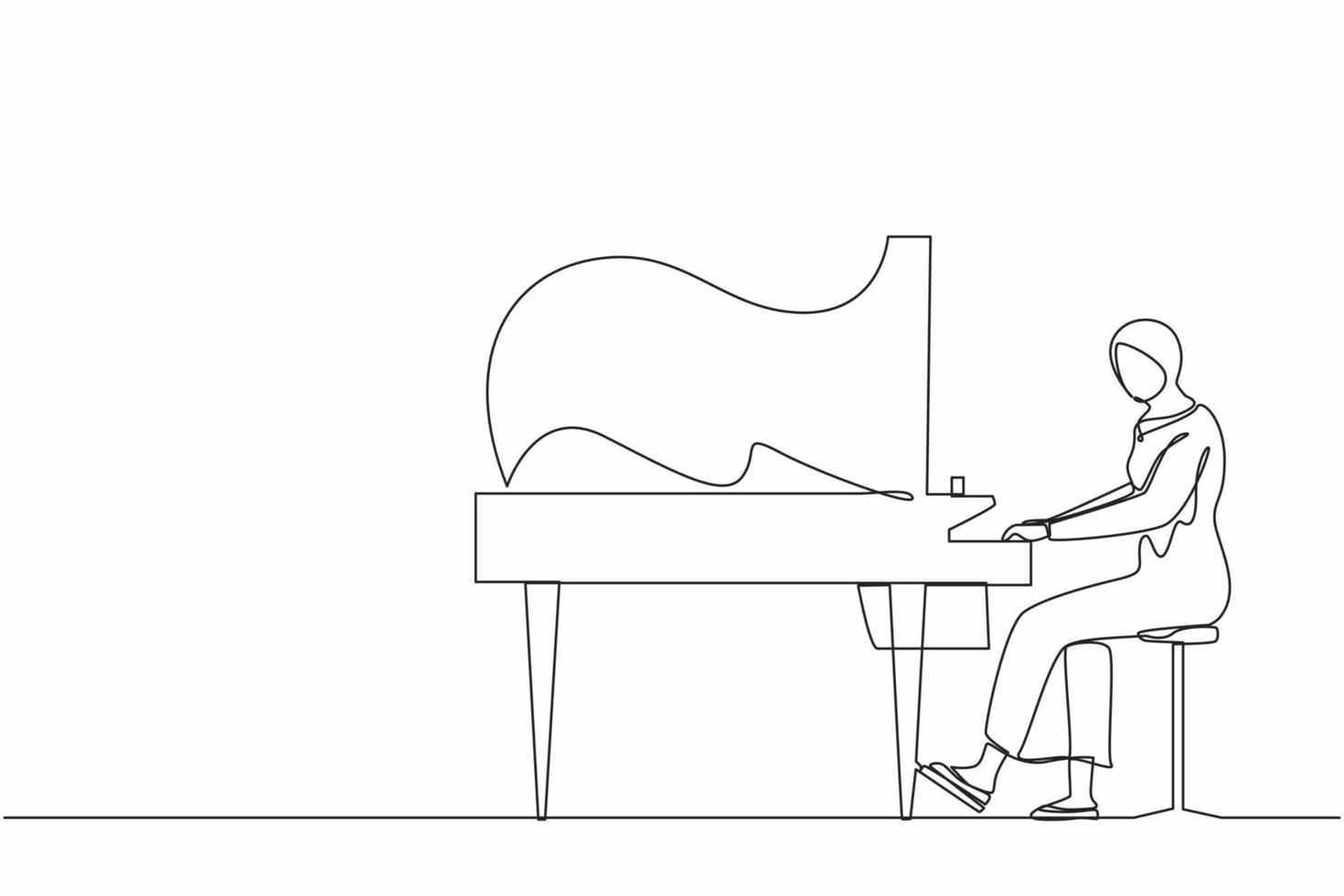 Single one line drawing Arab woman plays piano. Female performer sits at musical instrument and plays jazz or blues. Professional musician. Person performs on stage. Continuous line draw design vector