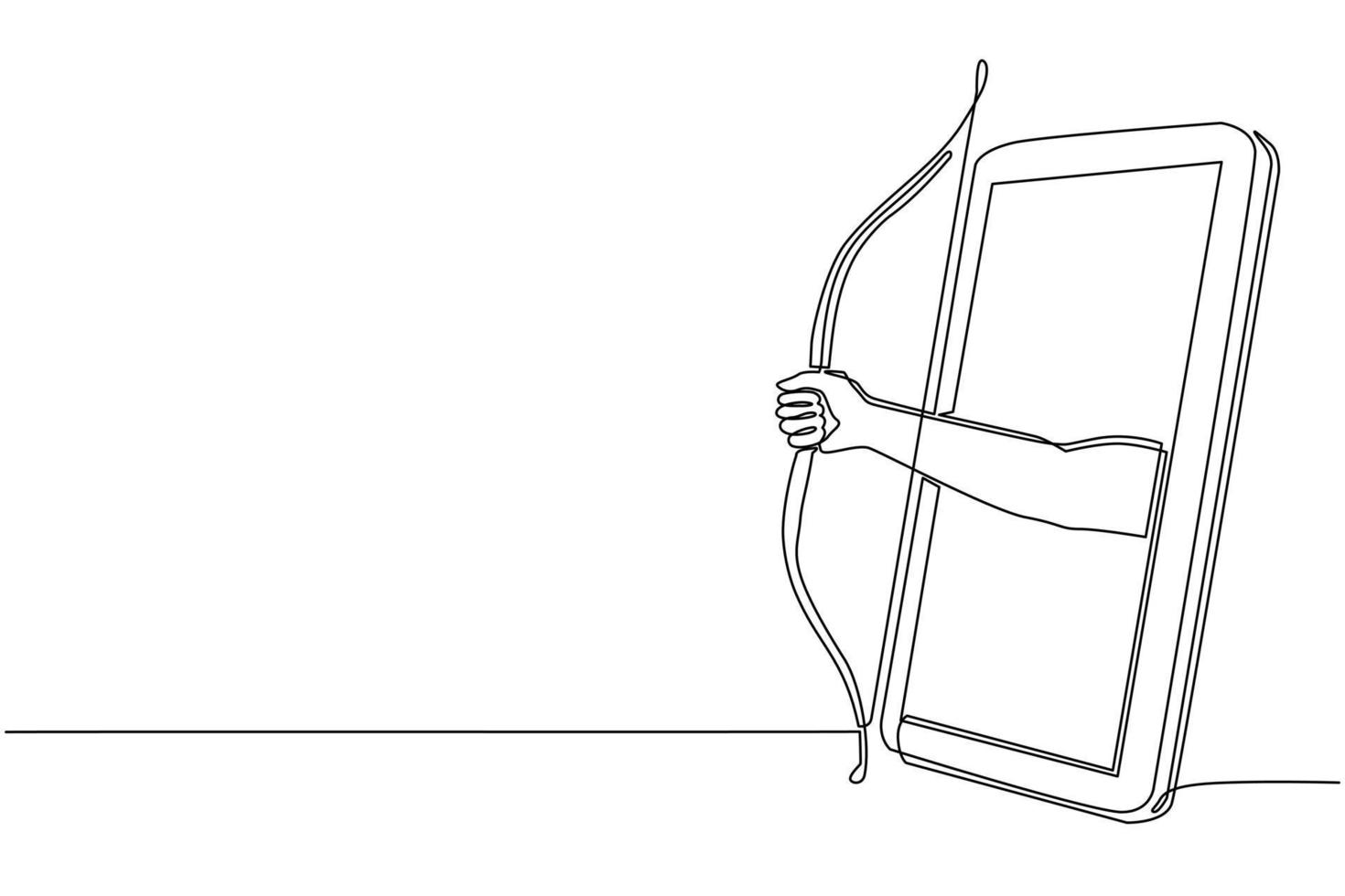 la mano del arquero de dibujo de una sola línea continua sostiene el tiro con arco a través del teléfono móvil. teléfono inteligente con aplicación de juegos de tiro con arco. campeonato de transmisión de deportes móviles. ilustración de vector de diseño gráfico de dibujo de una línea