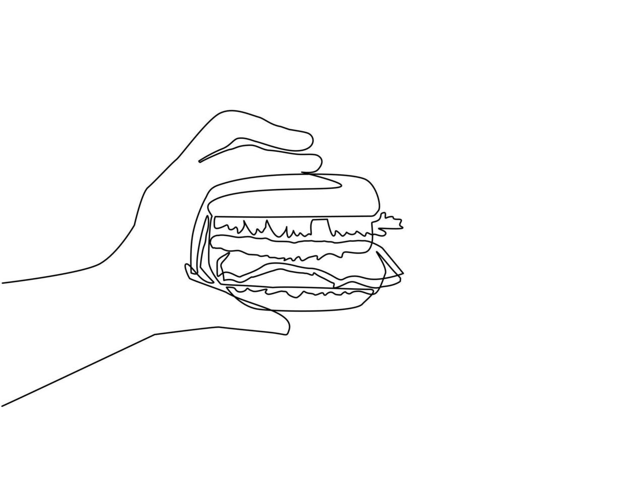 hamburguesa de mano de dibujo de una sola línea continua. hamburguesa. deliciosa comida rápida. chuleta con verduras en panecillo con semillas de sésamo. mano que sostiene la hamburguesa. vector de diseño gráfico de dibujo dinámico de una línea