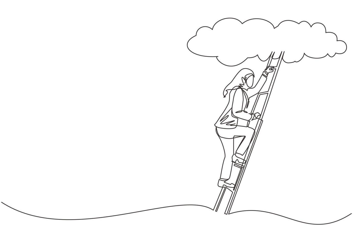 Continuous one line drawing Arab businesswoman climbing up career ladder to cloud. Successful rising business development. Professional growth promotion. Single line design vector graphic illustration