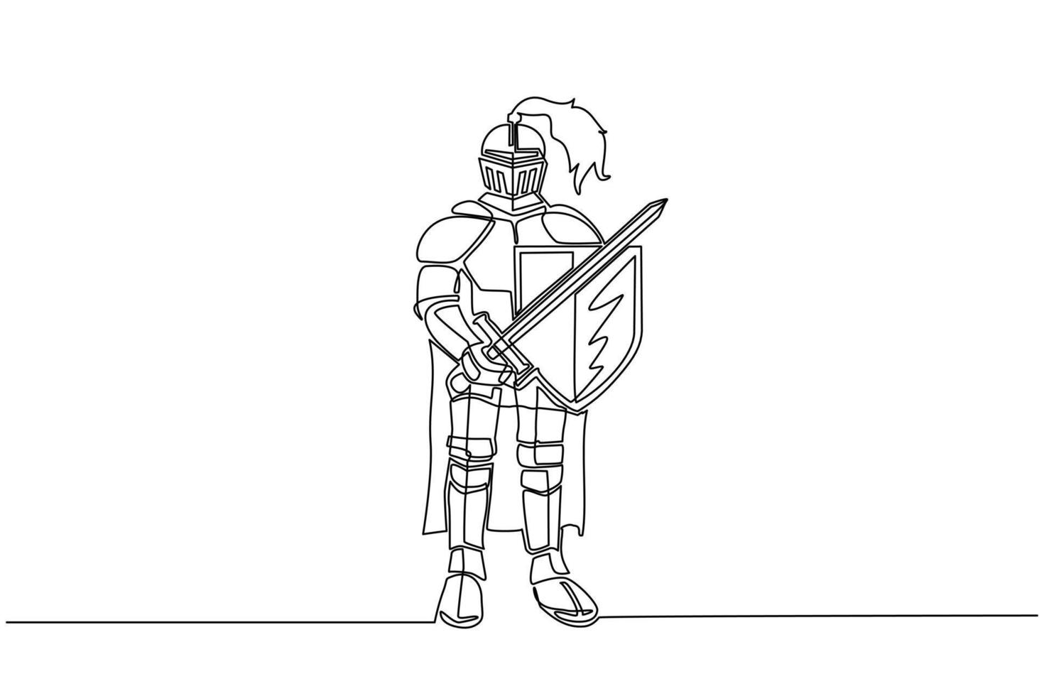 Single continuous line drawing medieval knight in armor, cape, helmet with feather. Warrior of middle ages standing and holding sword and shield. Chivalry figure. One line draw design graphic vector