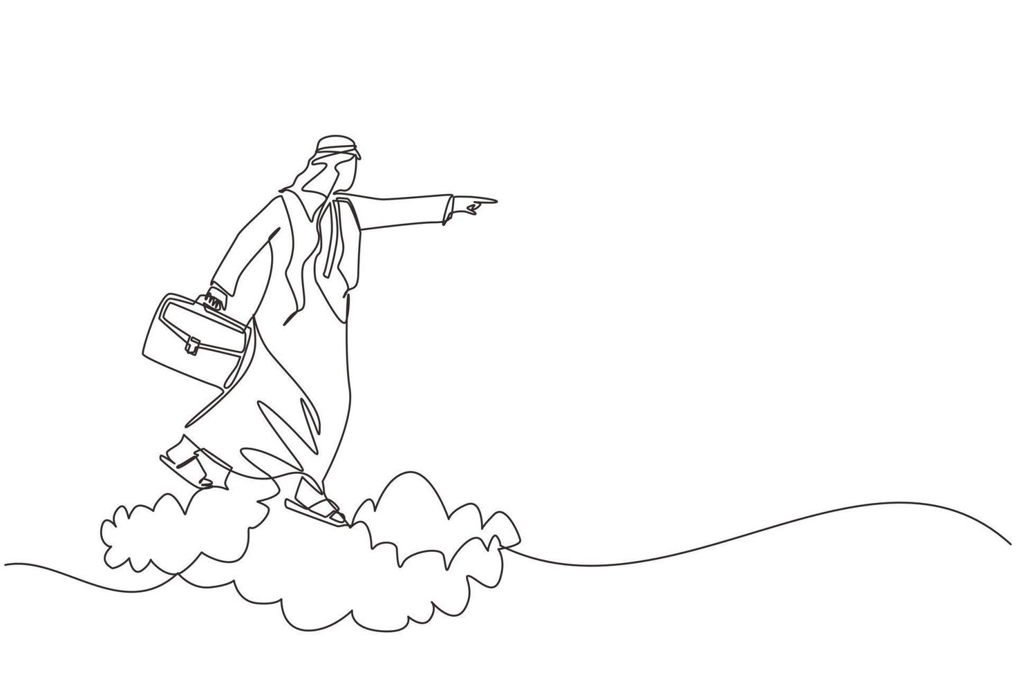Single continuous line drawing Arab businessman holding briefcase ride cloud, pointing forward, go to future, business concept. Man on cloud way to success. One line graphic design vector illustration