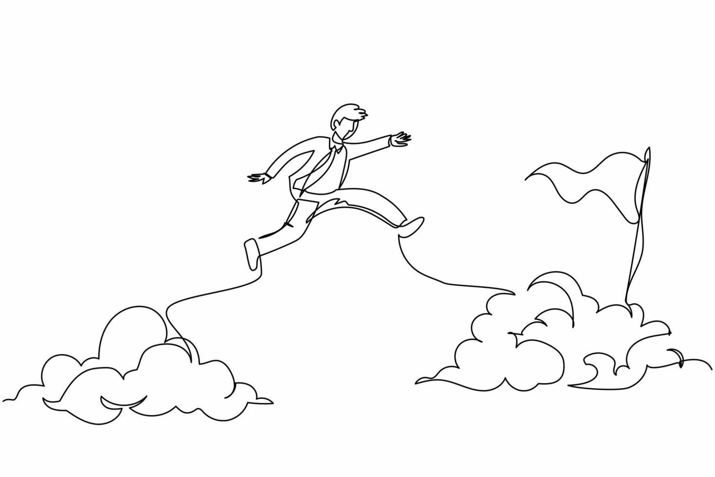 Continuous one line drawing active businessman jump or leap over clouds to reach his success target or flag. Challenge his career path. Taking risk. Single line draw design vector graphic illustration