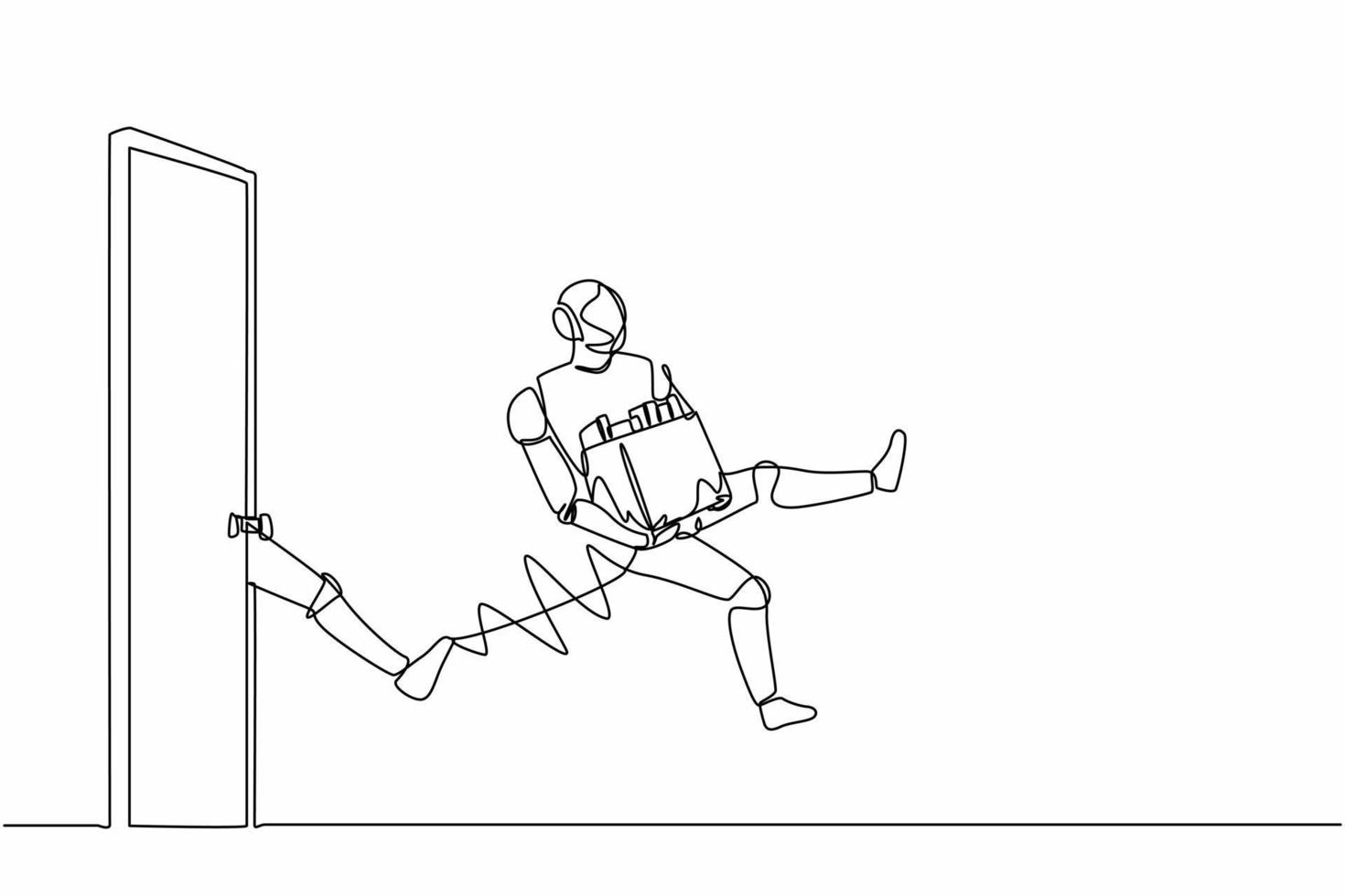 los robots de dibujo continuo de una línea son expulsados de la puerta. despedido del trabajo. organismo cibernético robot humanoide. futuro concepto de desarrollo de robótica. ilustración vectorial de diseño gráfico de una sola línea vector