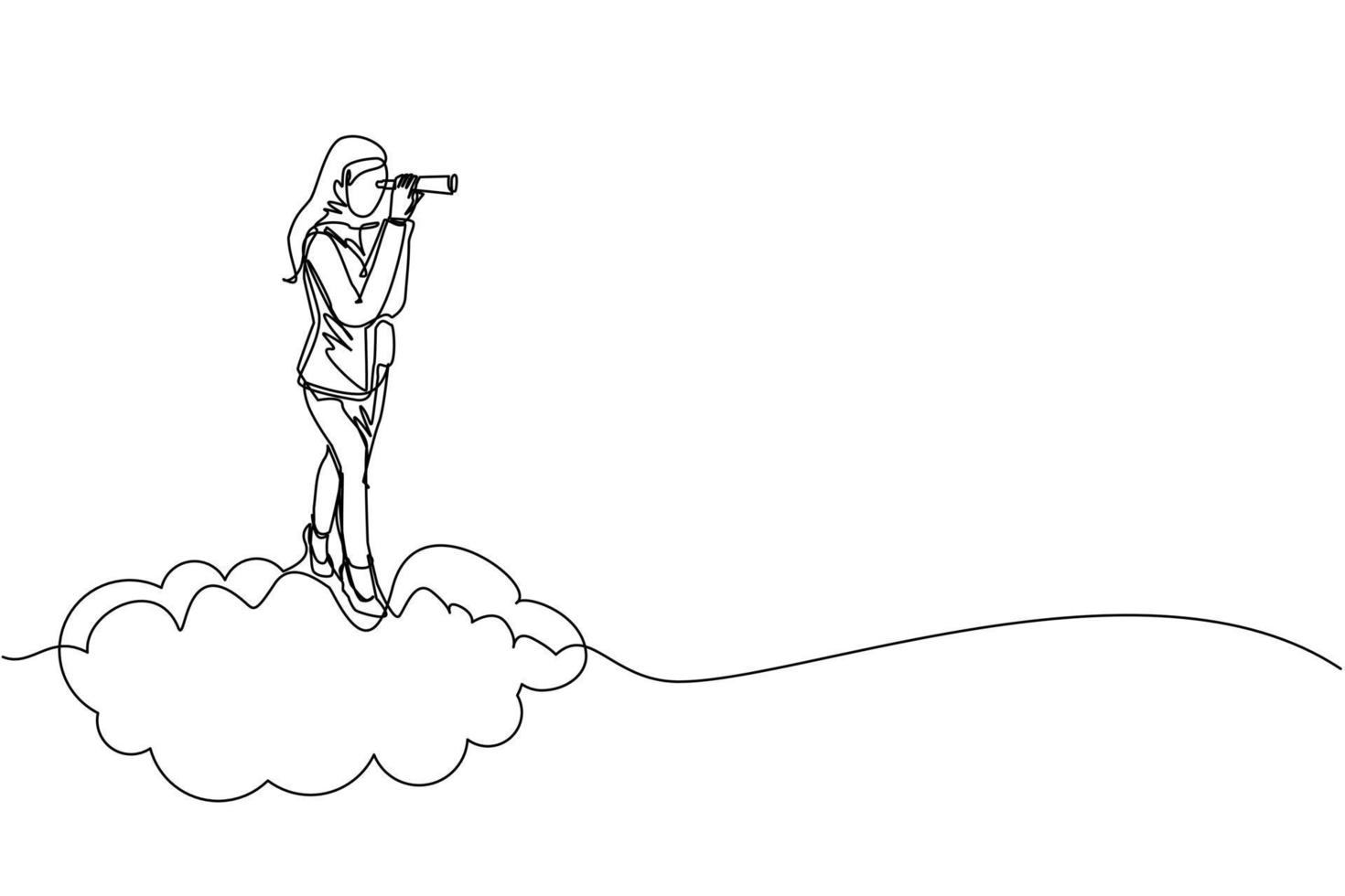 Single continuous line drawing Arab businesswoman riding high cloud holding telescope or binocular to search for business visionary. Leadership vision company strategy. One line graphic design vector