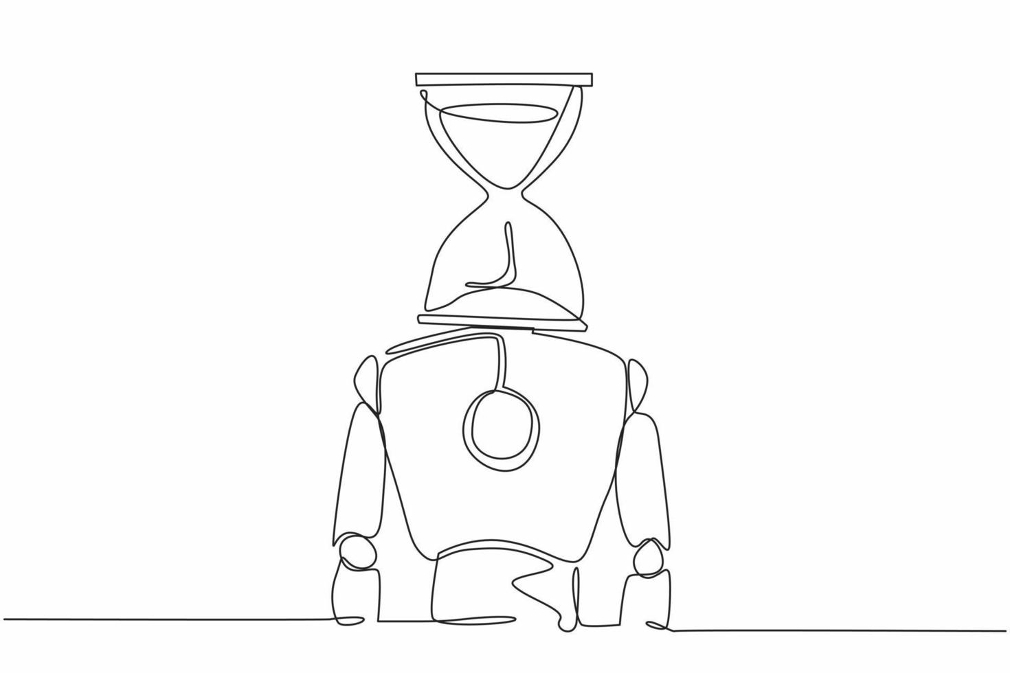 Single one line drawing robot with hourglass instead of head. Future technology development. Artificial intelligence and machine learning process. Continuous line design graphic vector illustration