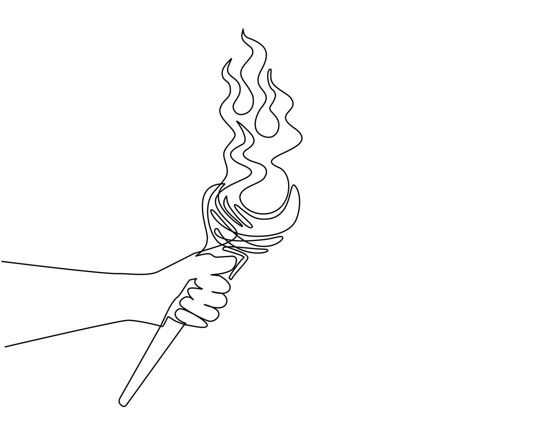 Single one line drawing hand holding torch on stick. Primitive weapon
