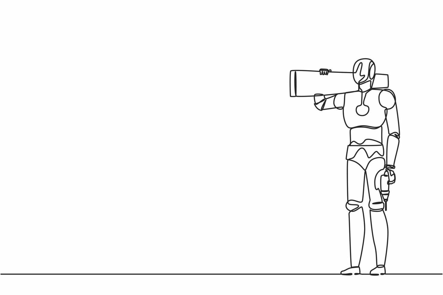 Continuous one line drawing robot repairman standing with board, tool box, and drill. Humanoid robot cybernetic organism. Future robotics development. Single line design vector graphic illustration